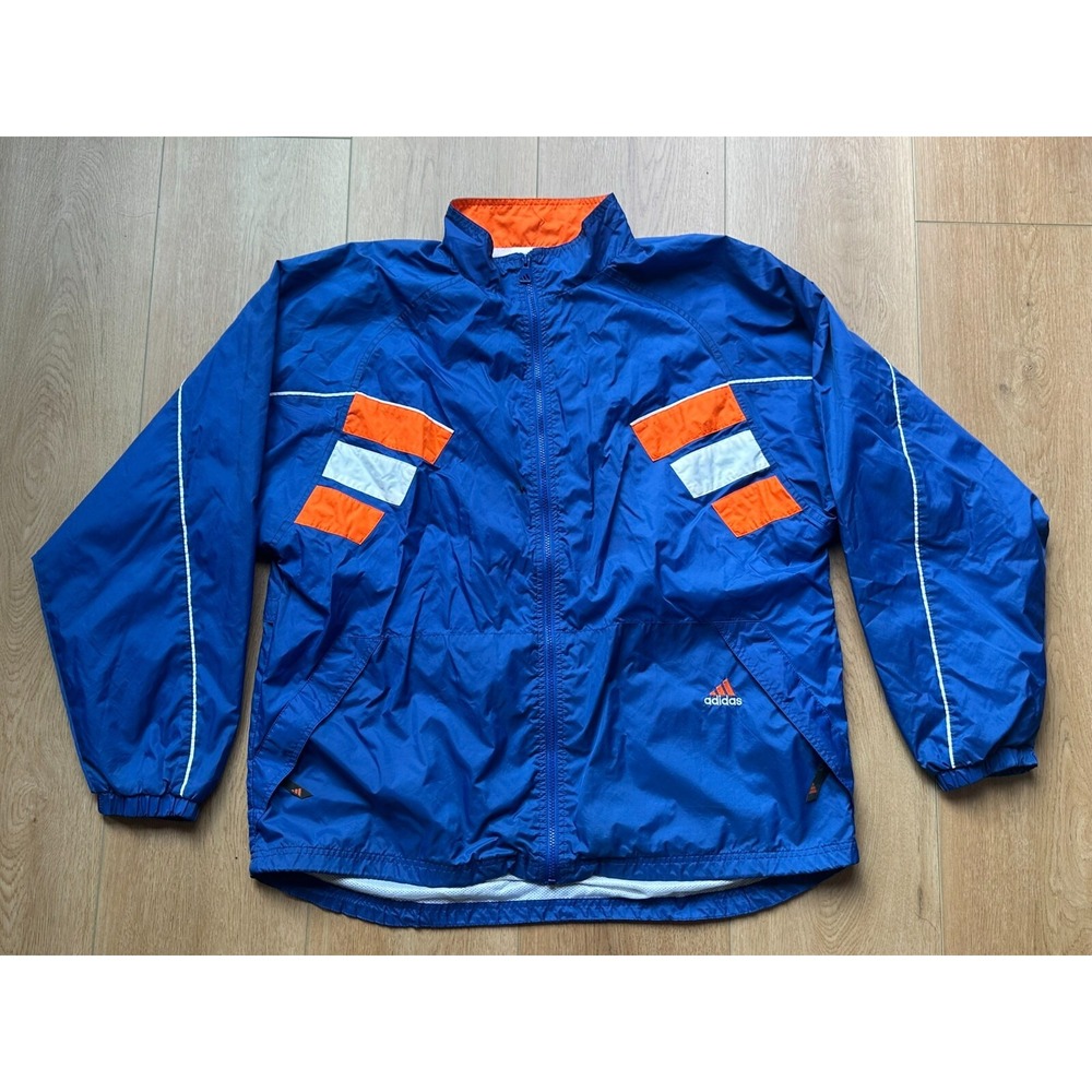 Vtg‎ 90's Adidas 3 Stripes Blue Orange White Full Zip Windbreaker Jacket Men XL